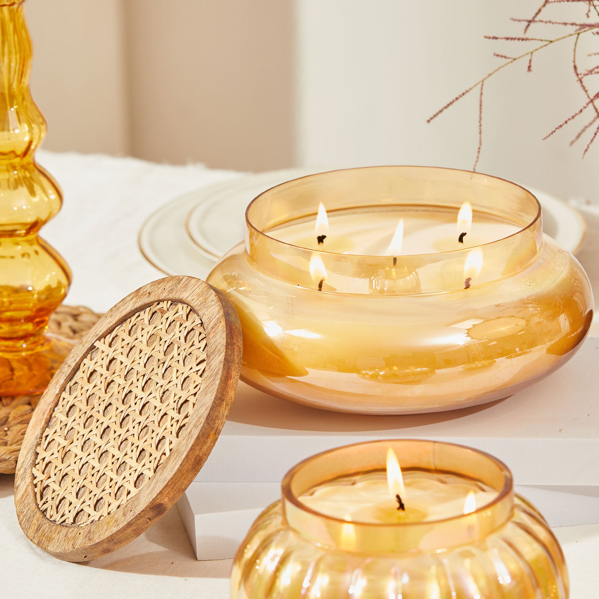 Amber Boho set of 3 - Lustre Jars with wooden cane lid