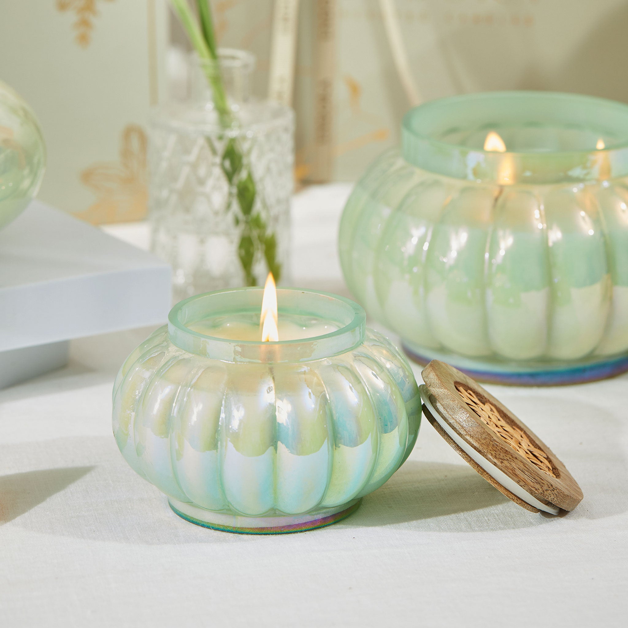 Aquamarine Boho Set of 3 - Lustre Jars with wooden cane lid