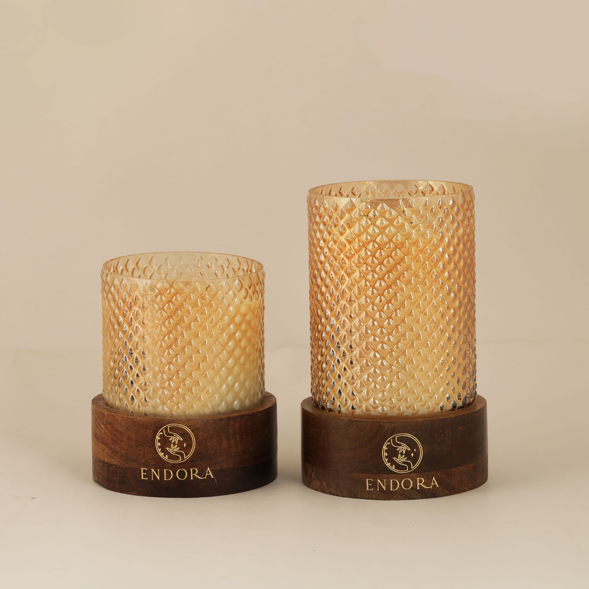 Diamond Cut Wood Base Candles | Amber