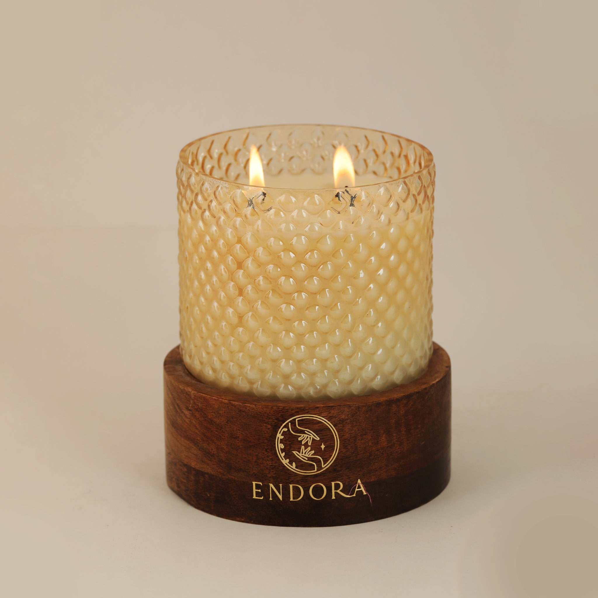 Diamond Cut Wood Base Candles | Amber