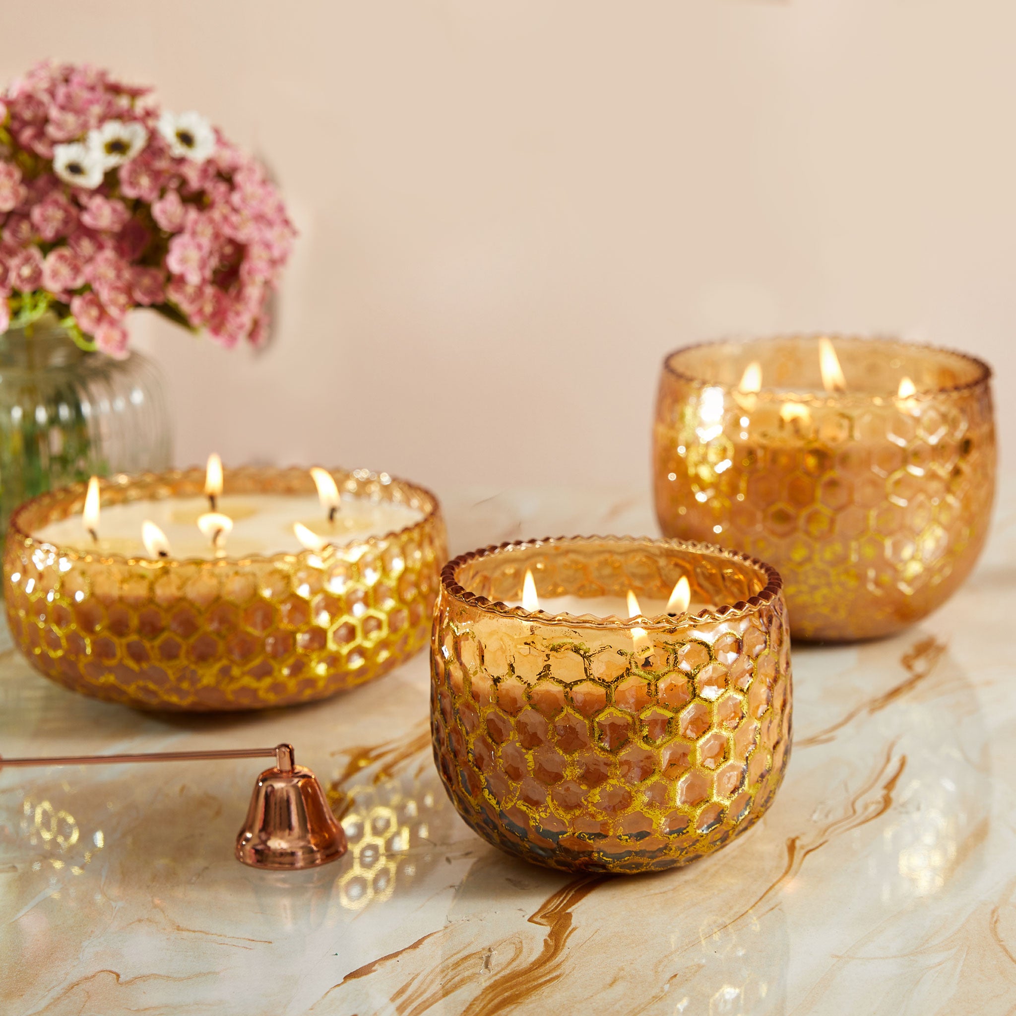 Honey Comb Gold foiled Bowl Candles | Set Of 3