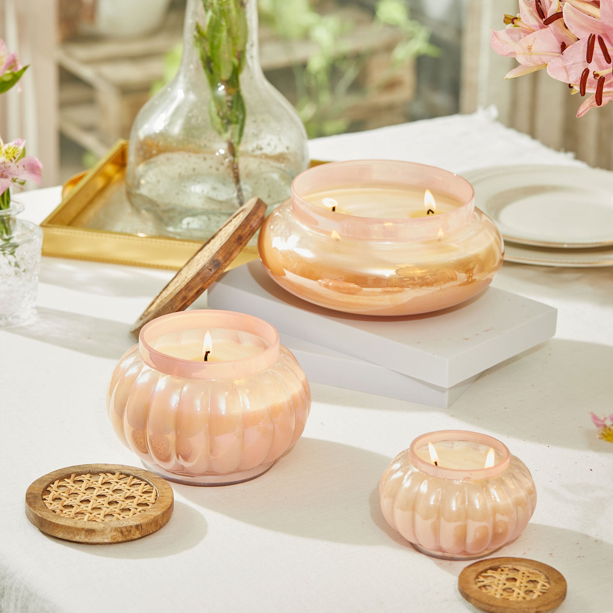 Pink Boho Set Of 3 - Lustre Jars with wooden cane Lid