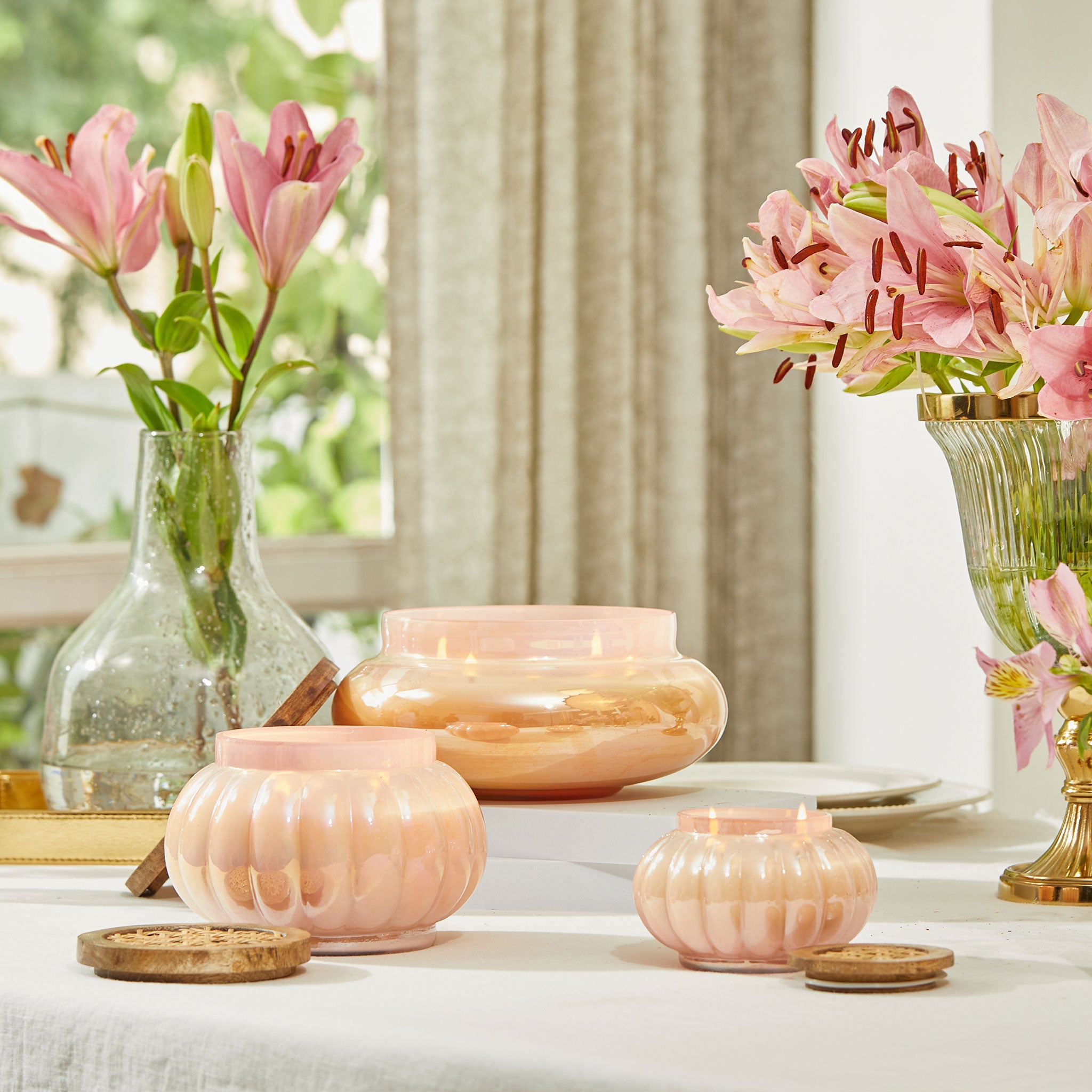 Pink Boho Set Of 3 - Lustre Jars with wooden cane Lid