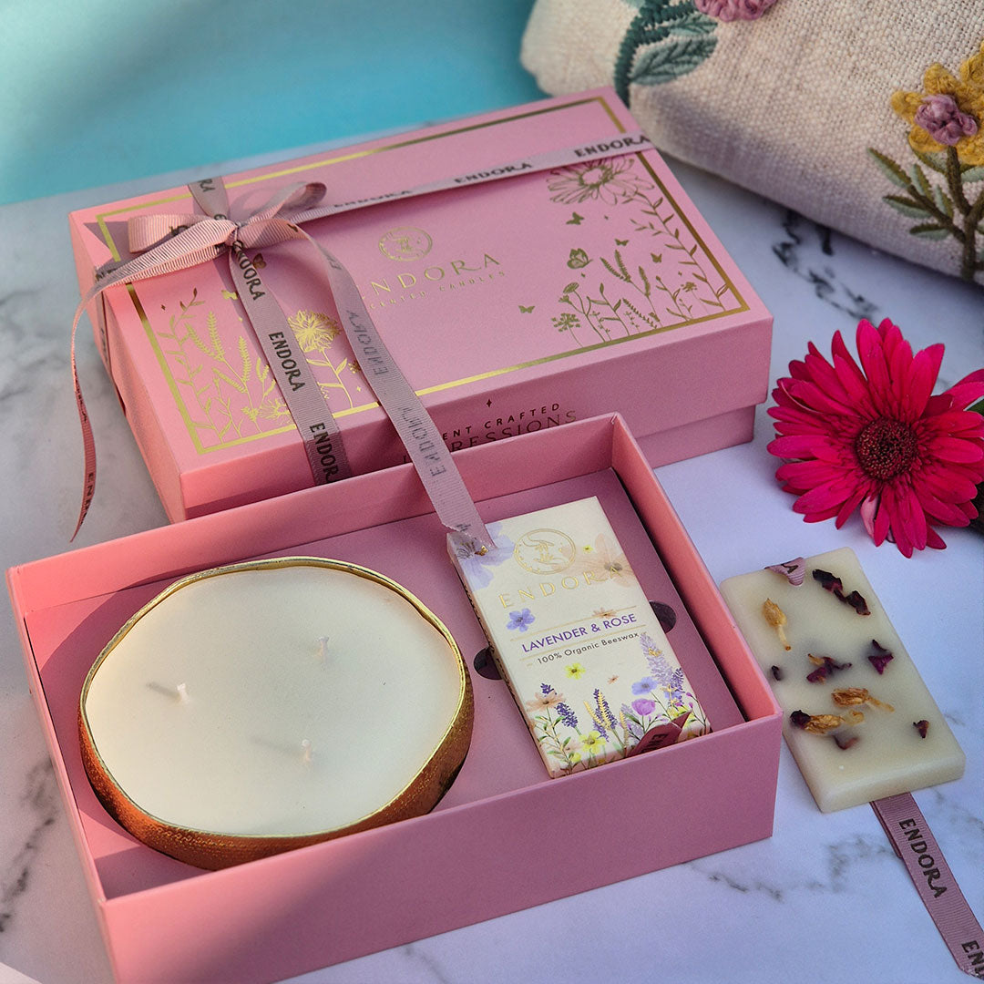 Scent Essential Gift Box (Premium) | 3 Wick Metal Urli | Scented Candles