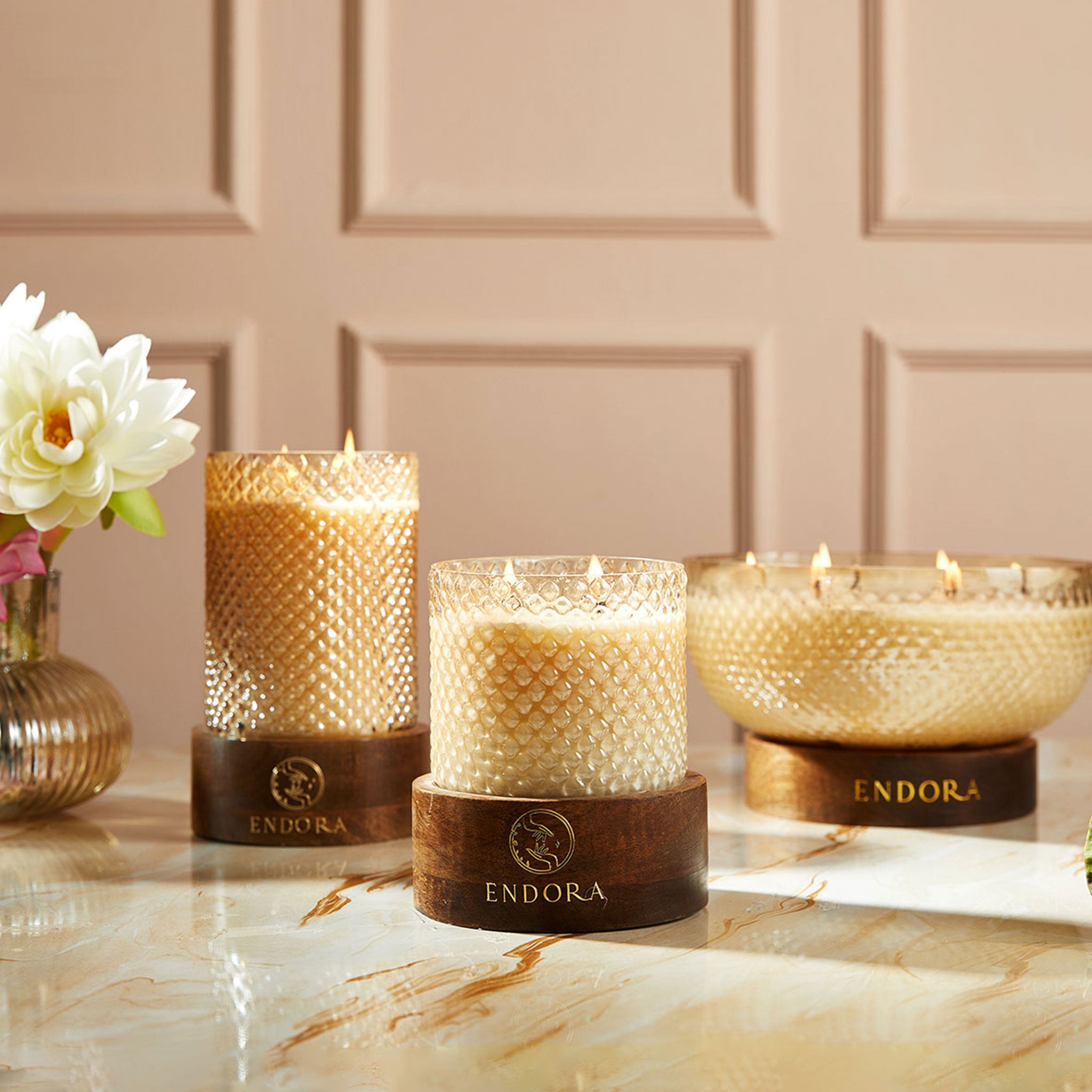 Diamond Cut Wood Base Candles | Set of 3