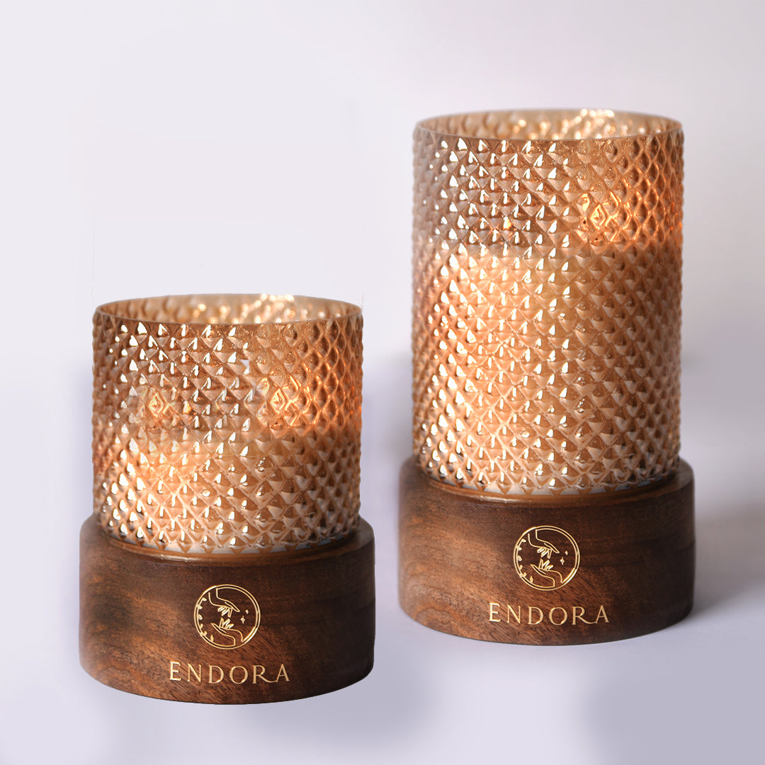 Diamond Cut Wood Base Candles | Amber