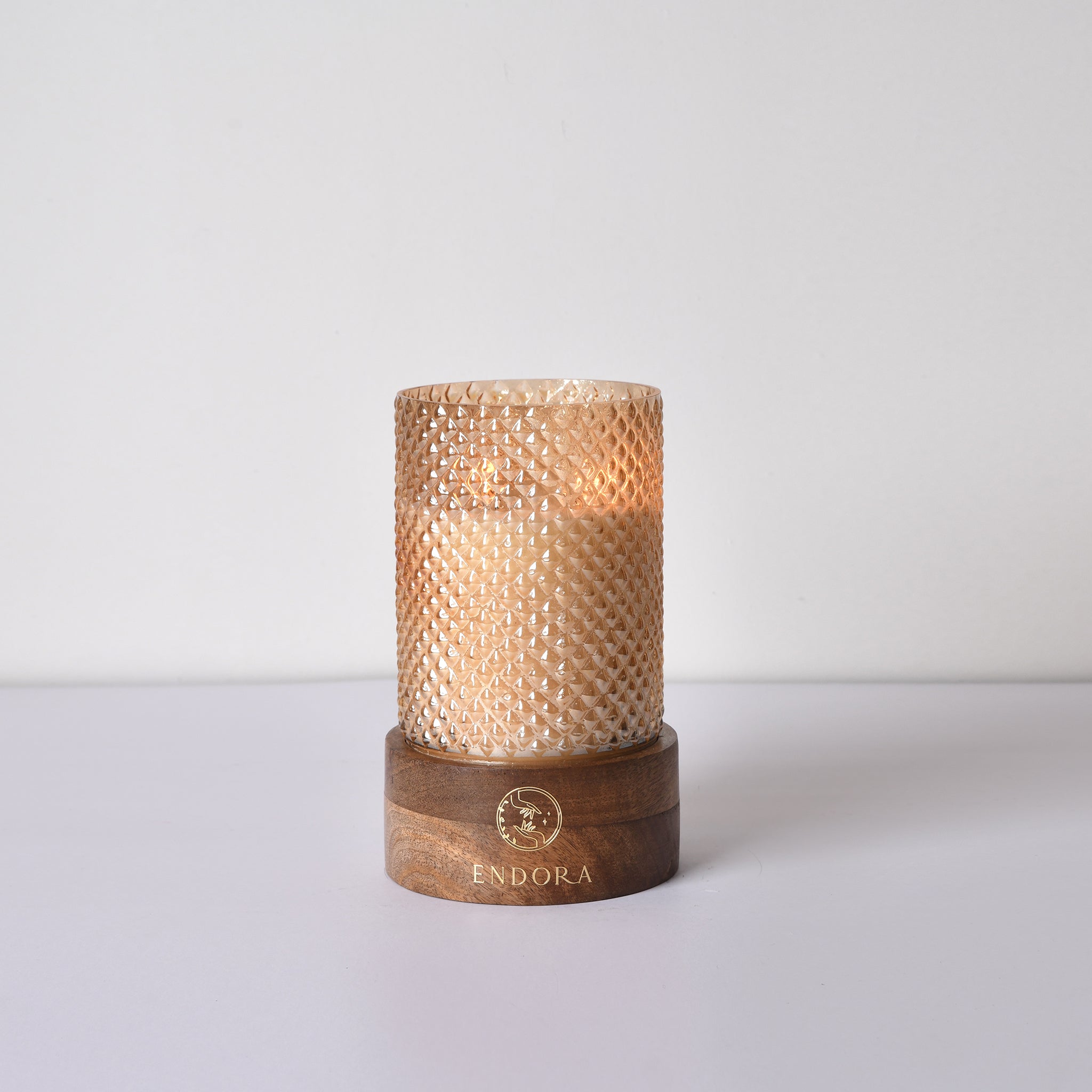 Diamond Cut Wood Base Candles | Amber