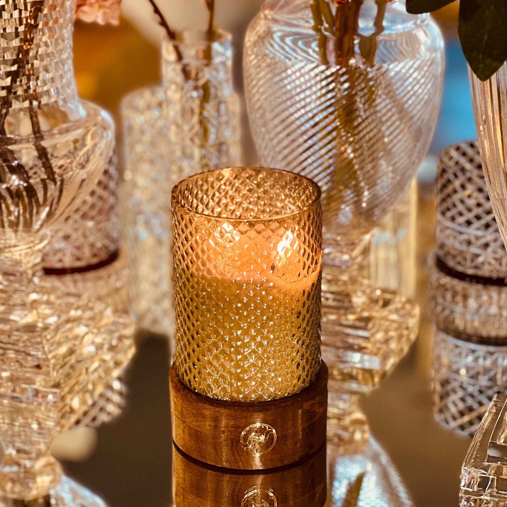 Diamond Cut Wood Base Candles | Amber